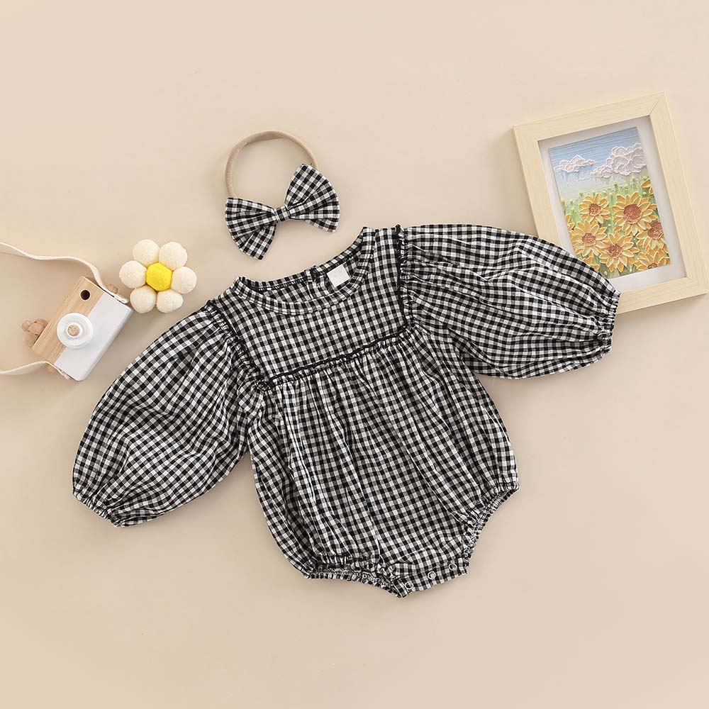 Personalized Embroidered Baby Girl Bubble Gingham Romper with Matching Bow | CWBaby533