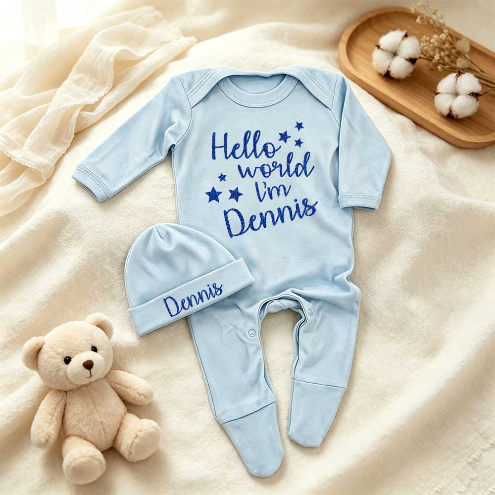 Personalized Baby Hello World Romper & Hat Set | CWBaby536