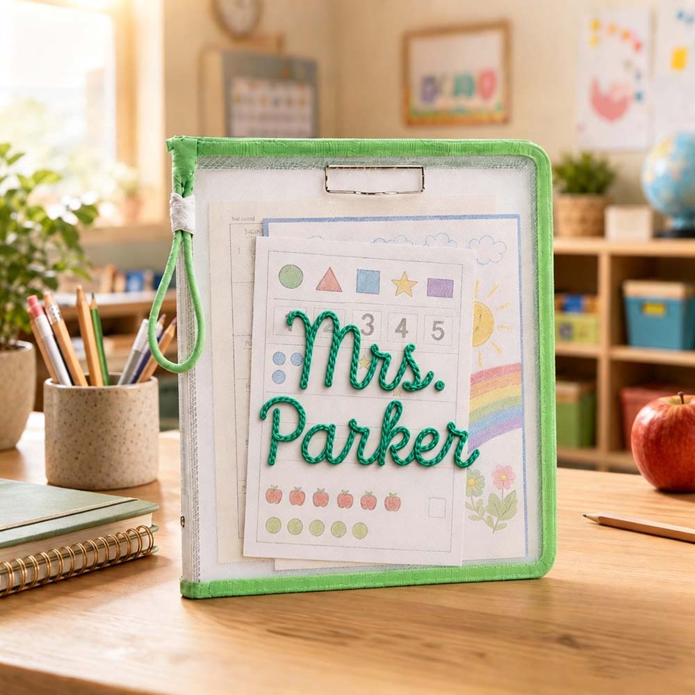 Personalized Hand Embroidered Homework Folder With Handle For Kids | CWToy207