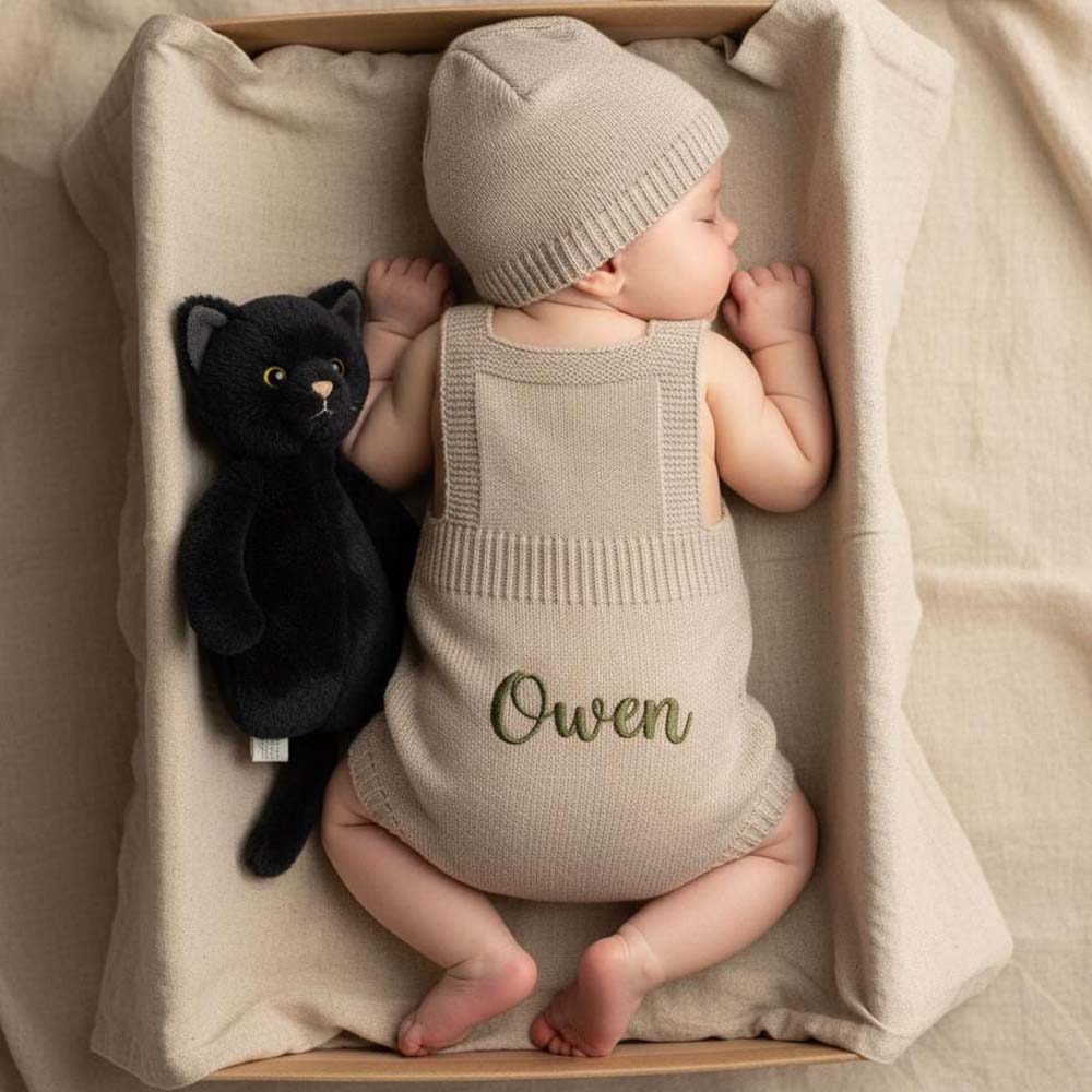 Personalized Embroidered Baby Knit Newborn Romper Set With Beanie | CWBaby538