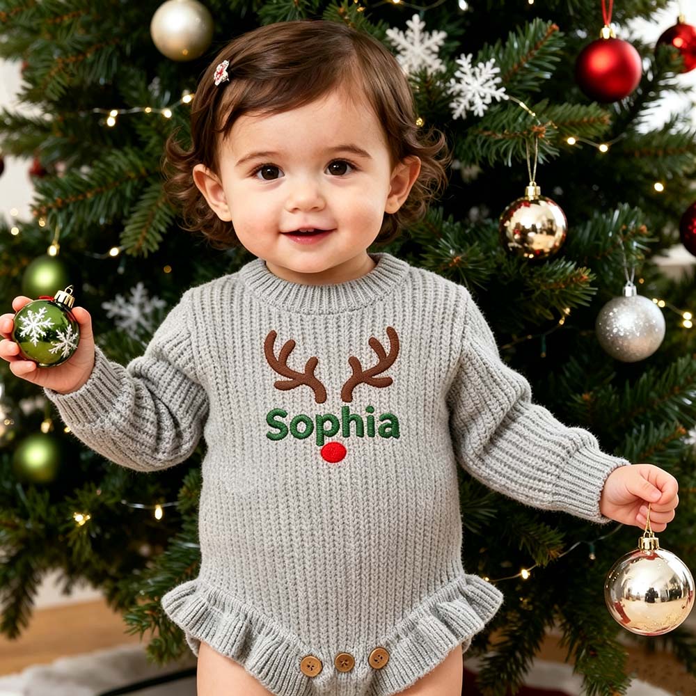 Personalized Embroidered Reindeer Baby Romper Set With Bow Headband & Socks | MCGift388