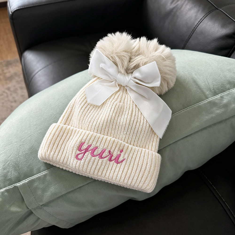 Personalized Embroidered Baby Pom Pom Hat with Bow | HSKid85