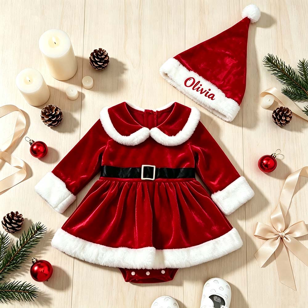 Personalized Embroidered Velvet Baby Santa Claus Dress Outfit with Santa Hat | MCGift406