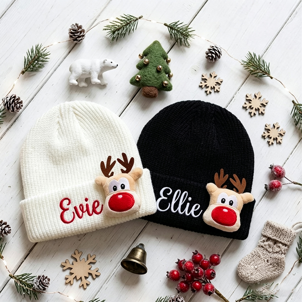 Personalized Embroided Christmas Reindeer Color Beanie | HSKid51