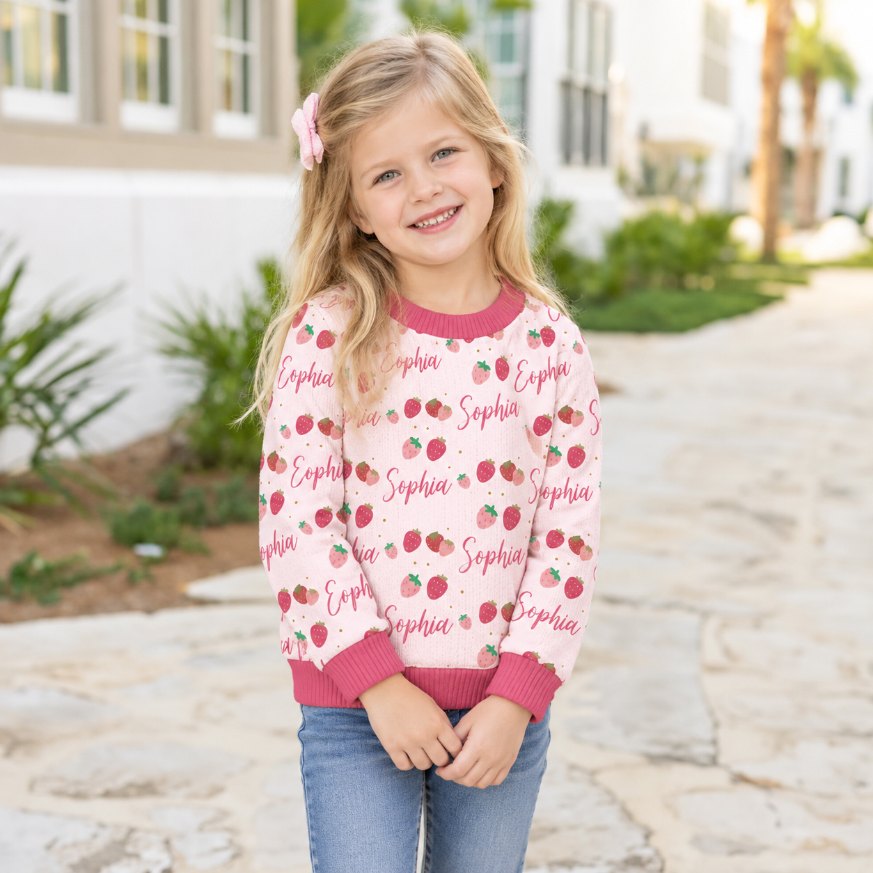 Personalized Lovely Kids Sweetheart Strawberry Knit Sweater | CWSweater10