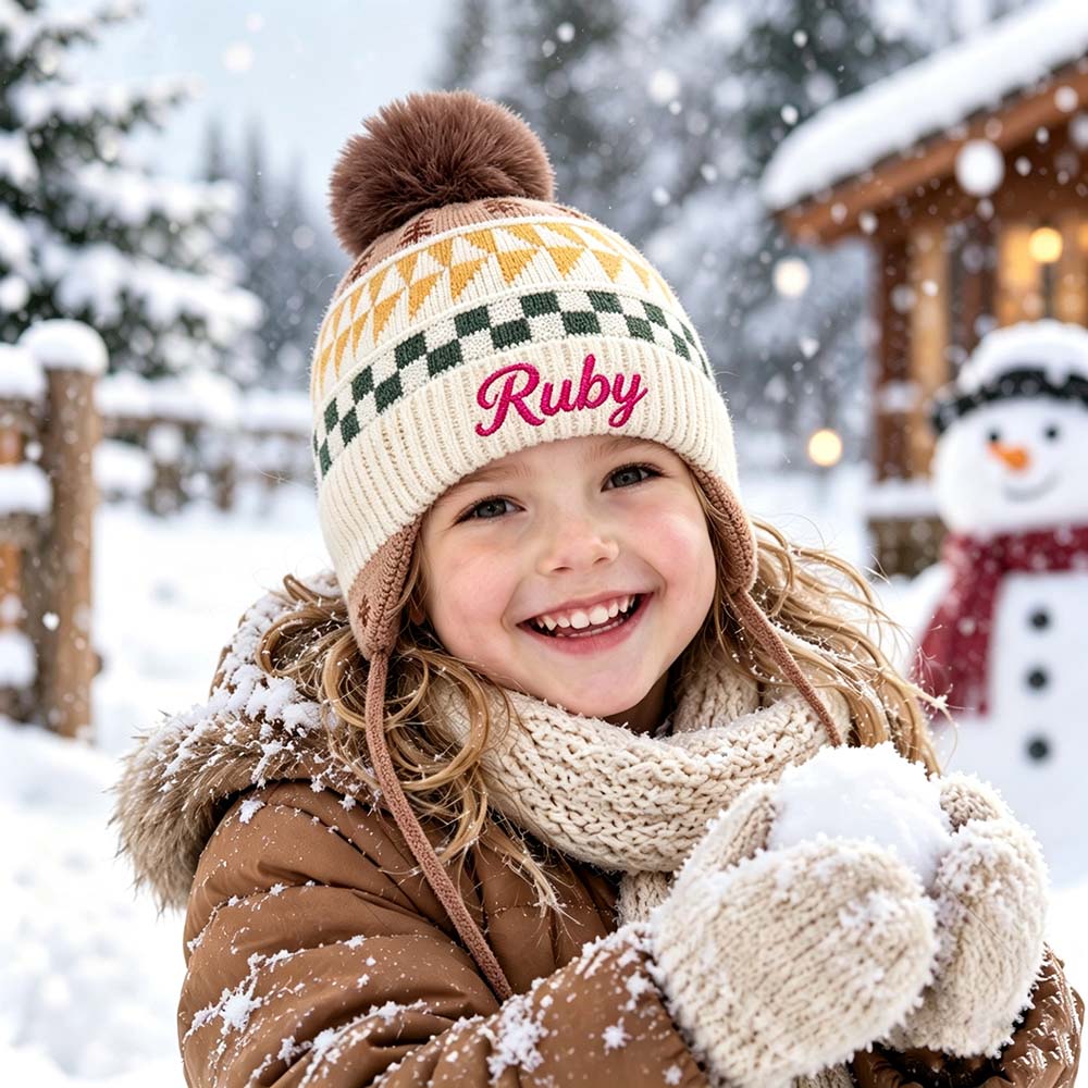 Personalized Embroidered Beanie Pom Pom Hat For Kids | HSKid98