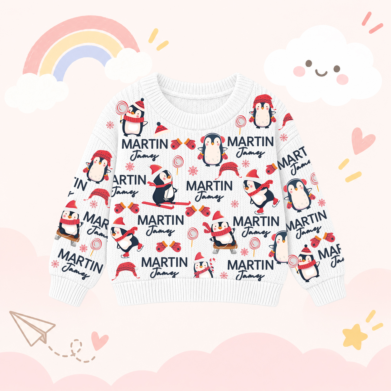 Personalized Lovely Kids Christmas Penguin Knit Sweater | CWSweater14