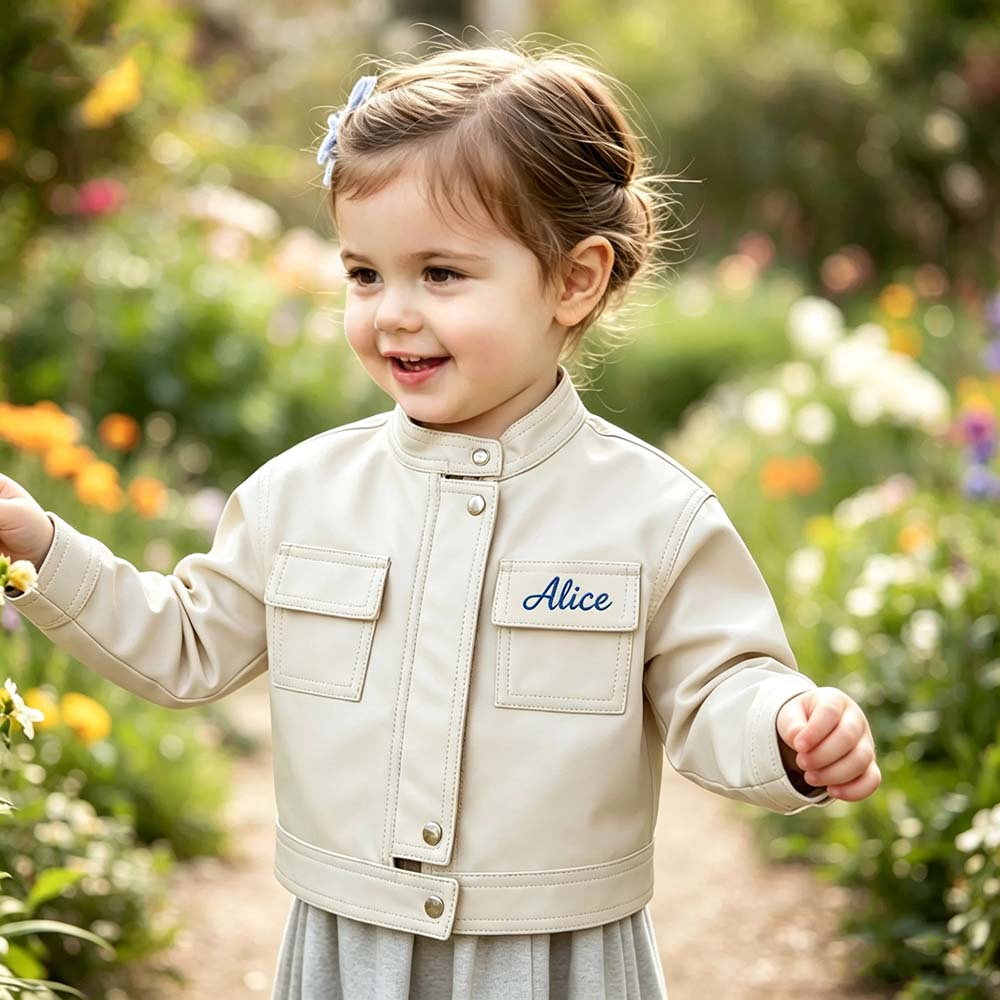 Personalized Embroidered Long-Sleeved Leather Jacket For Girls | CWBaby541