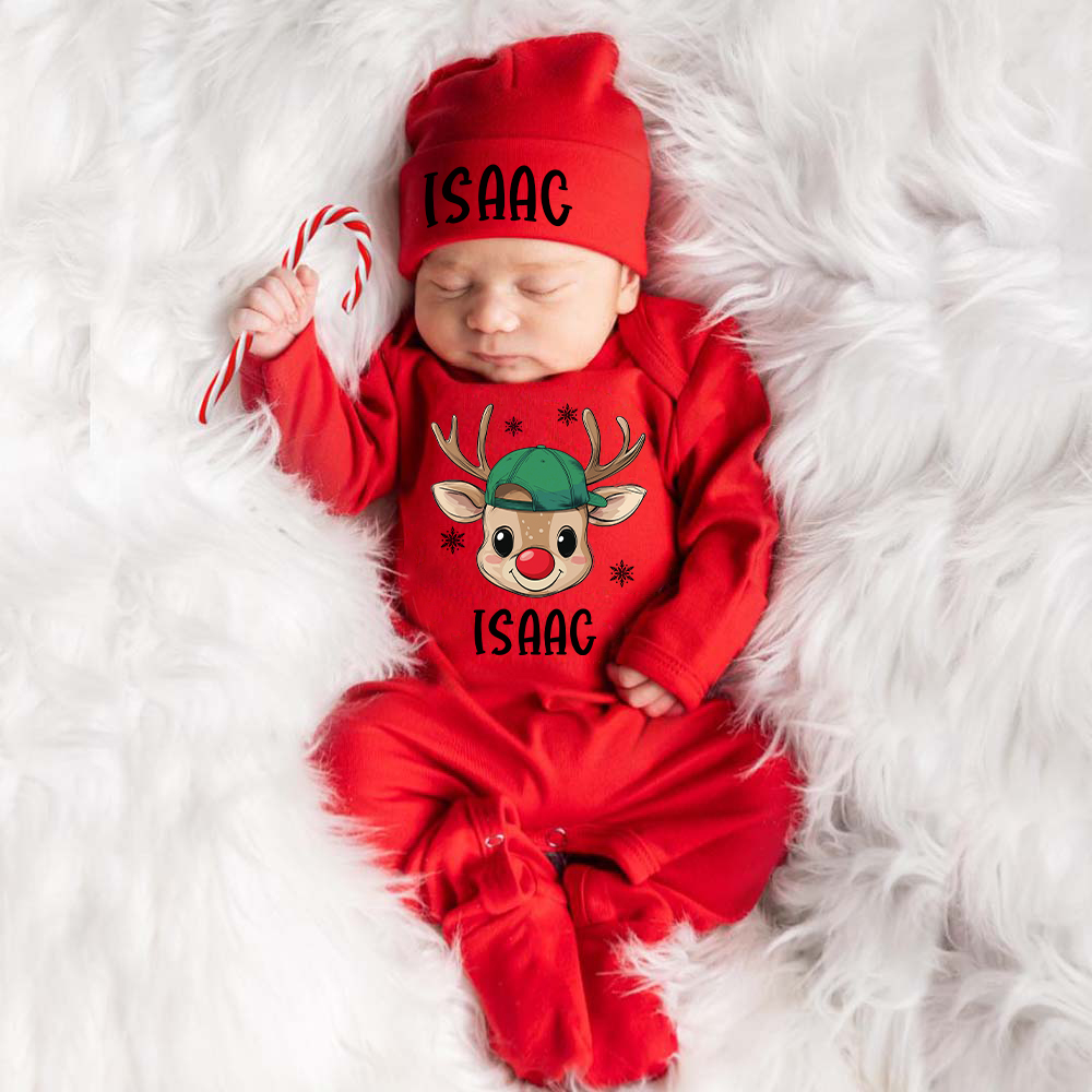 Personalized Baby Christmas Reindeer Romper & Hat Set | MCGift421