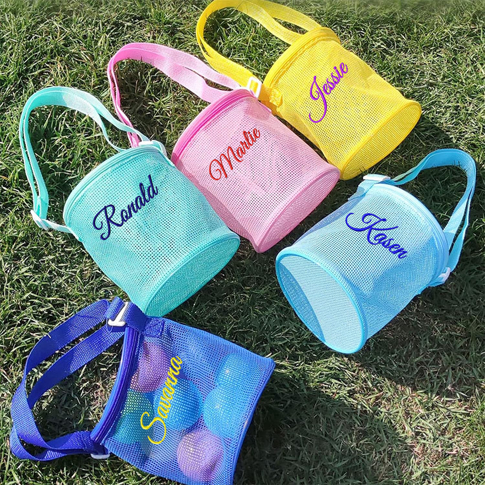 Personalized Embroidery Seashell Zipper Mesh Beach Bucket | CWBeach114