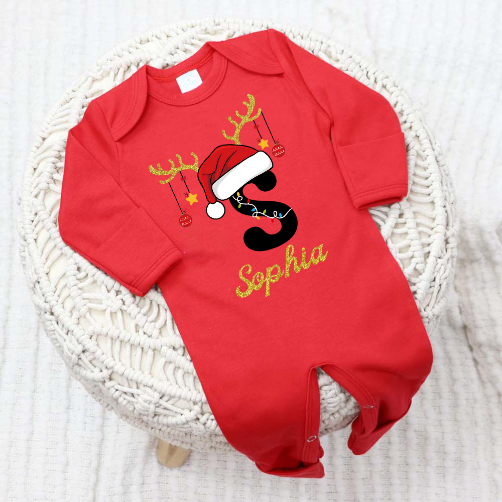 Personalized Baby Christmas Monogram Romper & Hat Set | MCGift424