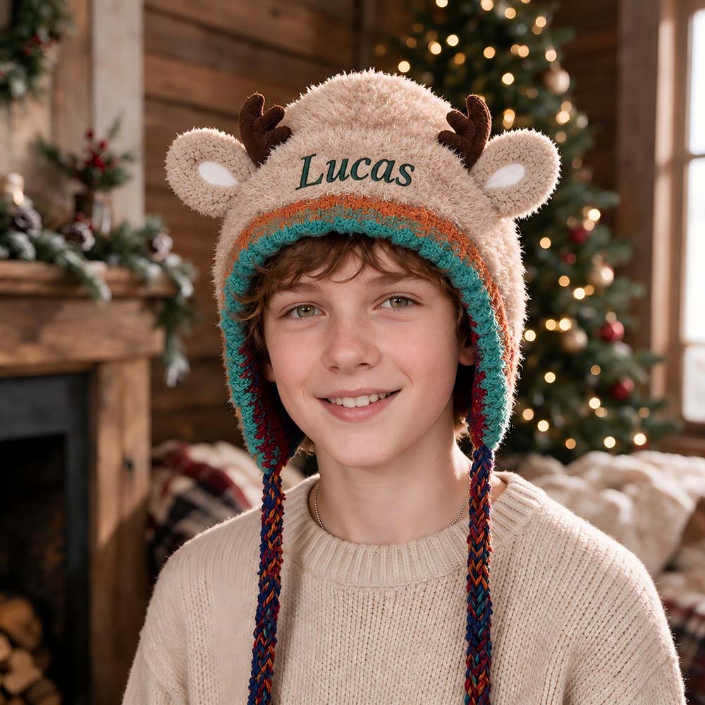 Personalized Embroidered Kids Christmas Reindeer Winter Hat | HSKid106