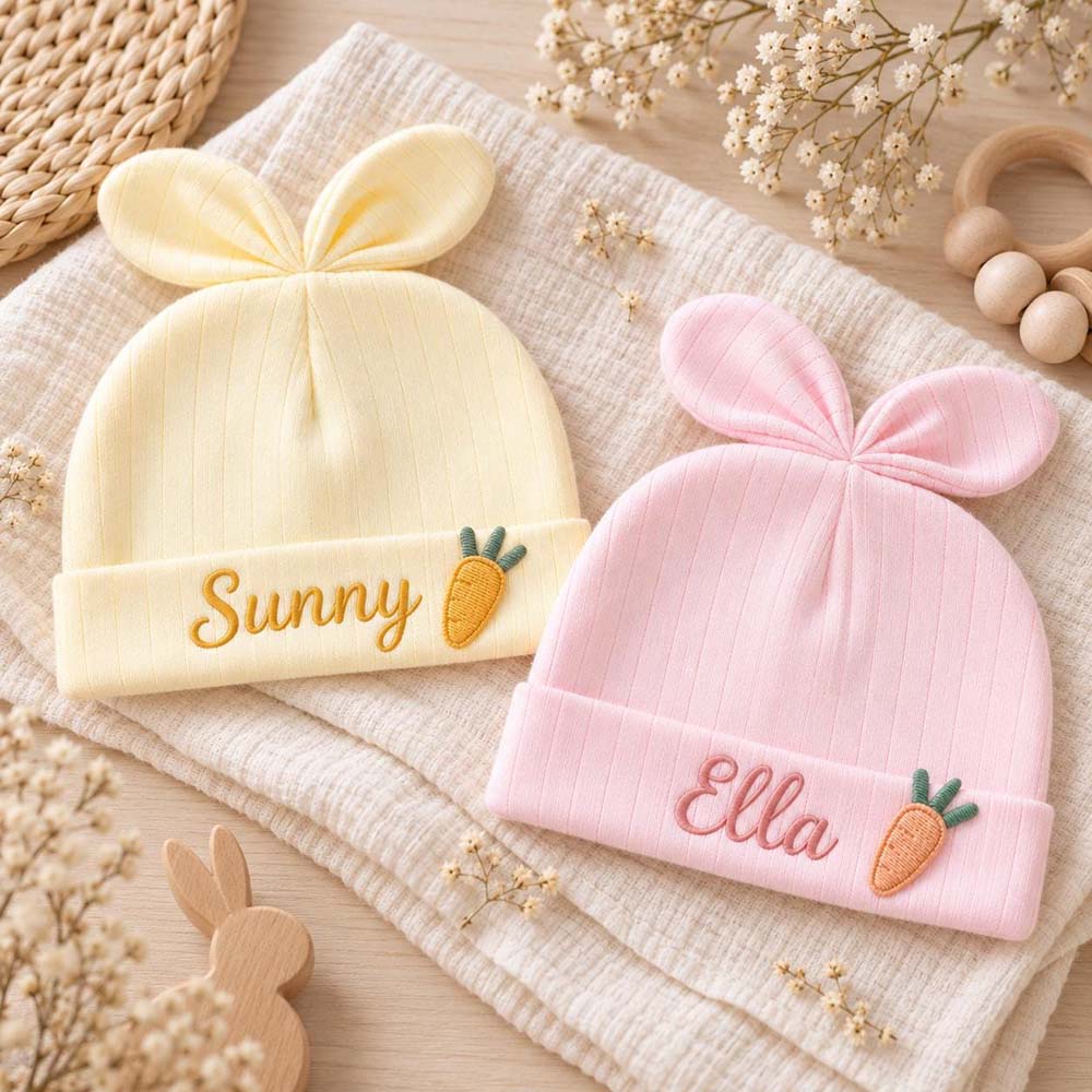 Personalized Embroidered Bunny Ears Baby Beanie Hat | HSKid108