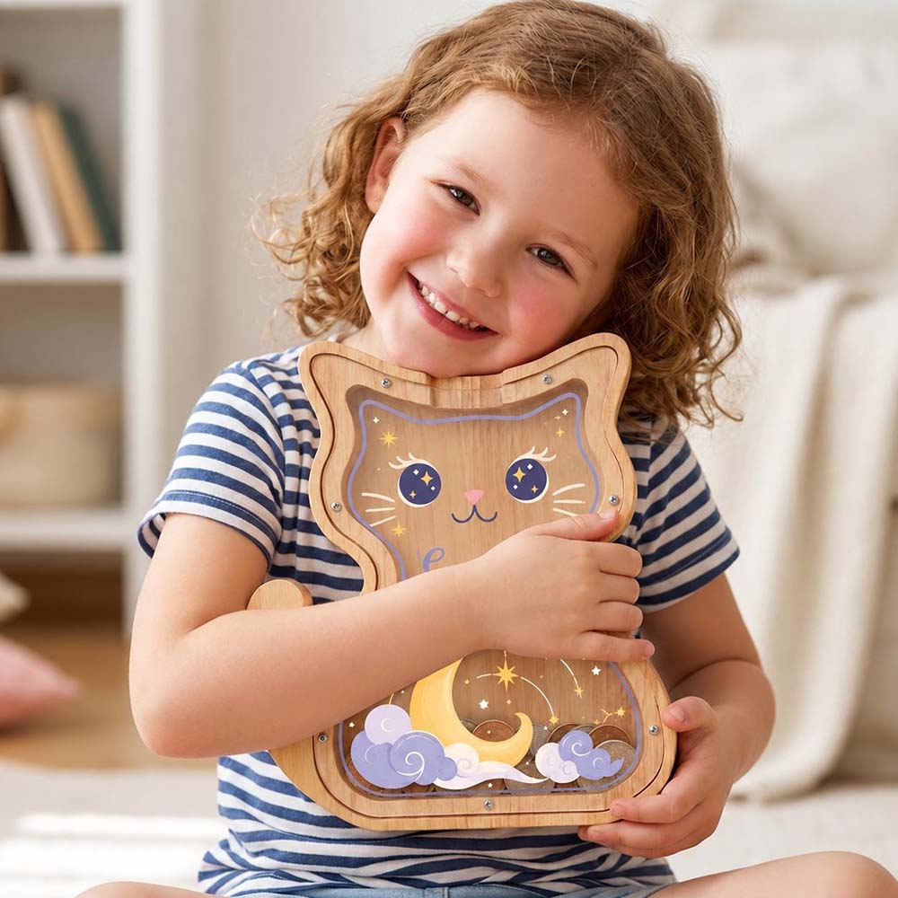Personalized Wooden Cute Kitty Piggy Bank for Kids | MCGift432