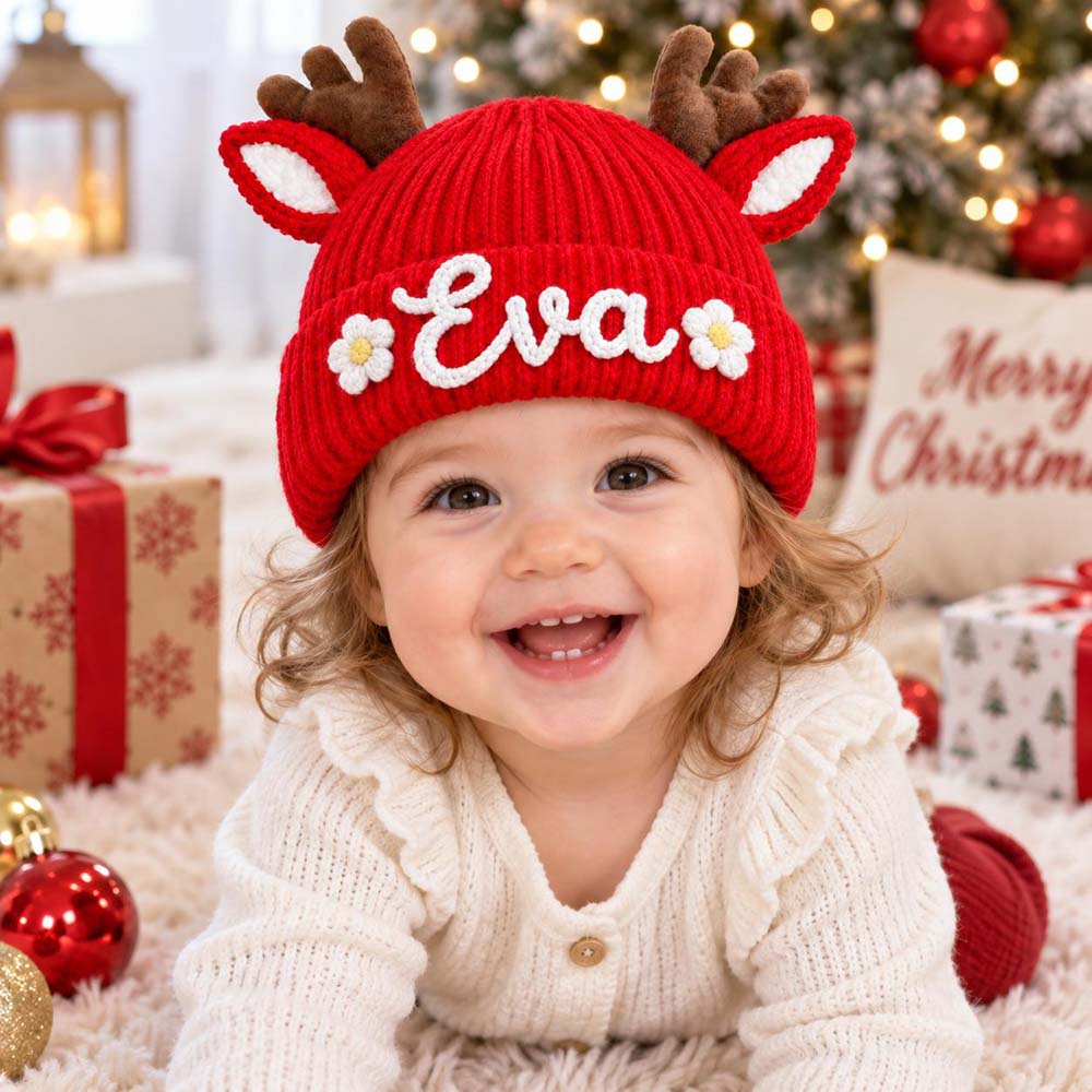 Personalized Hand Embroidery Christmas Reindeer Beanie For Toddler Kids | MCGift430
