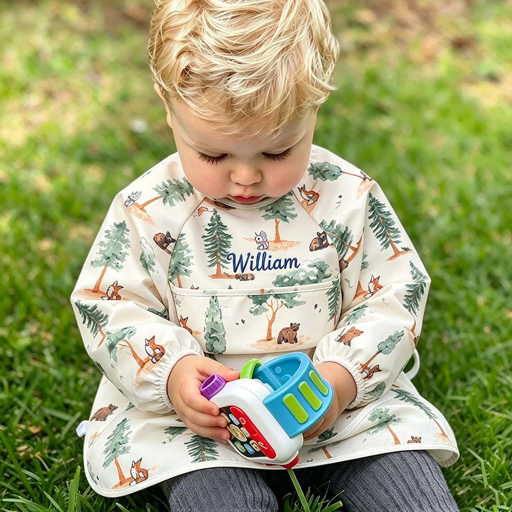 Personalized Embroidered Baby Bib Smock With Sleeves Feeding Cover | CWBaby561