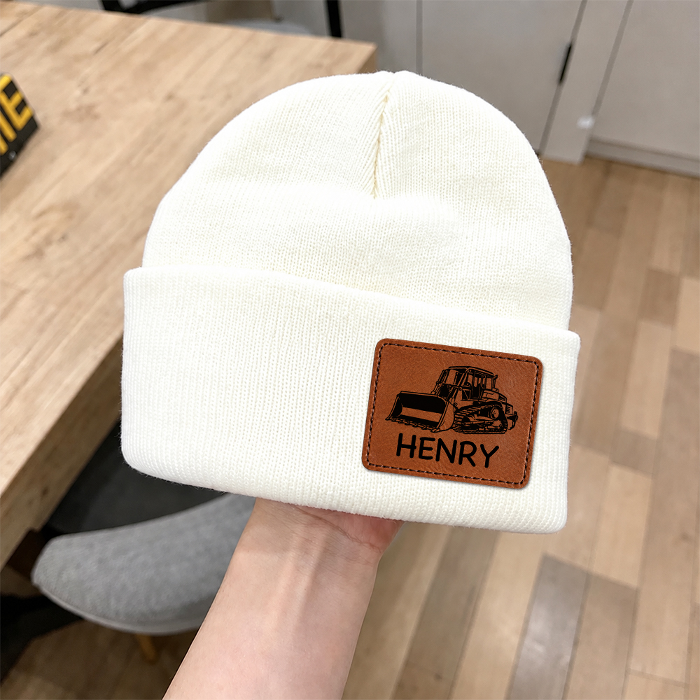 Personalized Kids Dinosaur & Excavator Leather Patch Beanie Hat | HSKid100