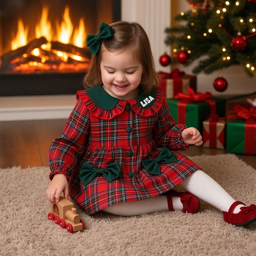 Personalized Baby Girl Christmas Plaid Dress Set | MCGift445
