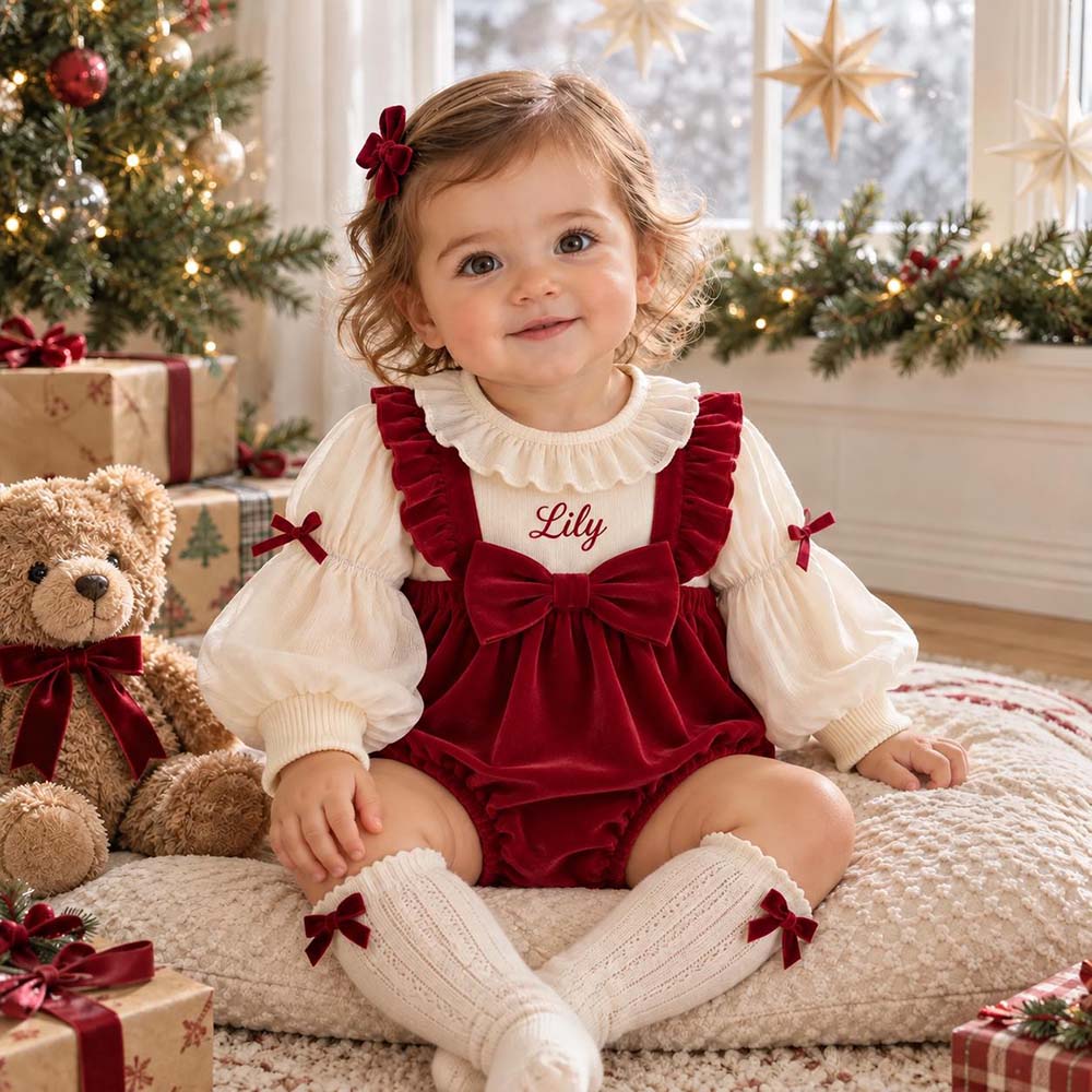 Personalized Embroidered Baby Burgundy Velvet Christmas Romper | CWBaby565