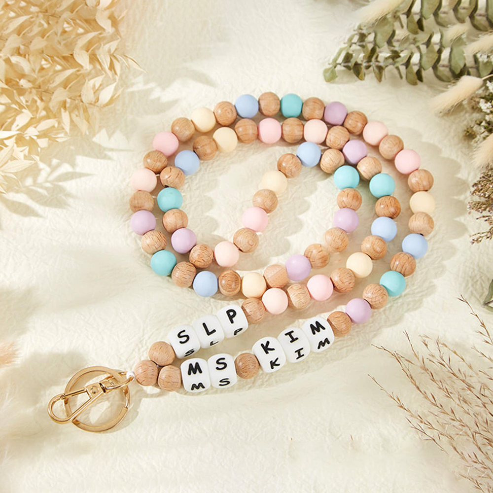 Personalized Teacher Lanyard Beaded Wooden for Teacher Appreciation Gift | CWTeach02