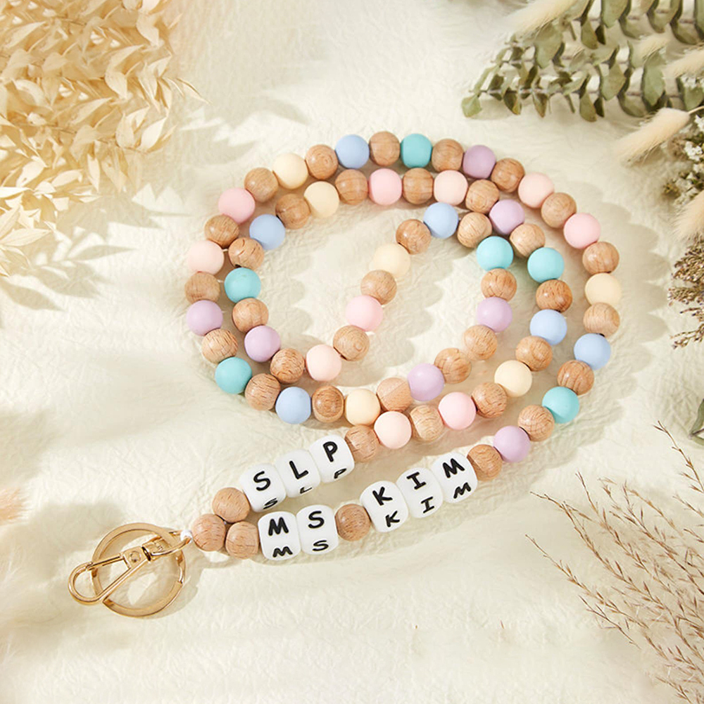 Personalized Teacher Lanyard Beaded Wooden for Teacher Appreciation Gift | CWTeach02