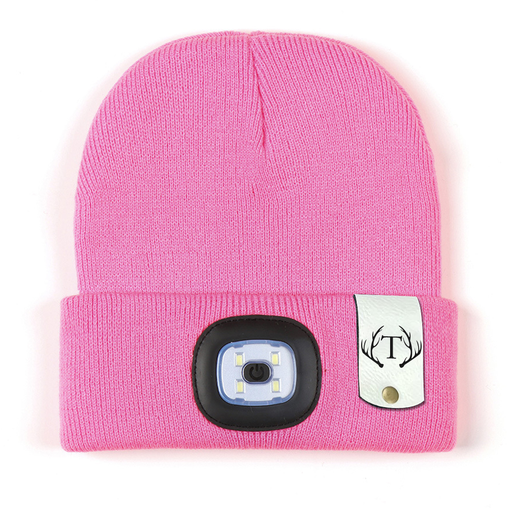 Personalized Kids Leather Tag Beanie with Headlamp | HSKid32