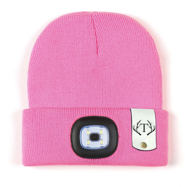 Personalized Kids Leather Tag Beanie with Headlamp | HSKid32