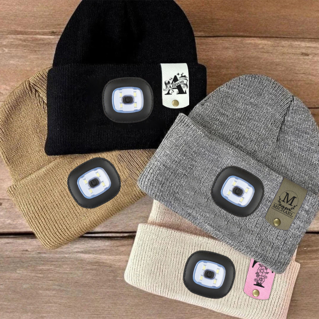 Personalized Kids Leather Tag Beanie with Headlamp | HSKid32