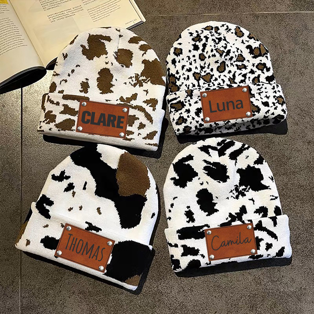Personalized Leather Patch Cute Cow Warm Beanie | HSKid42