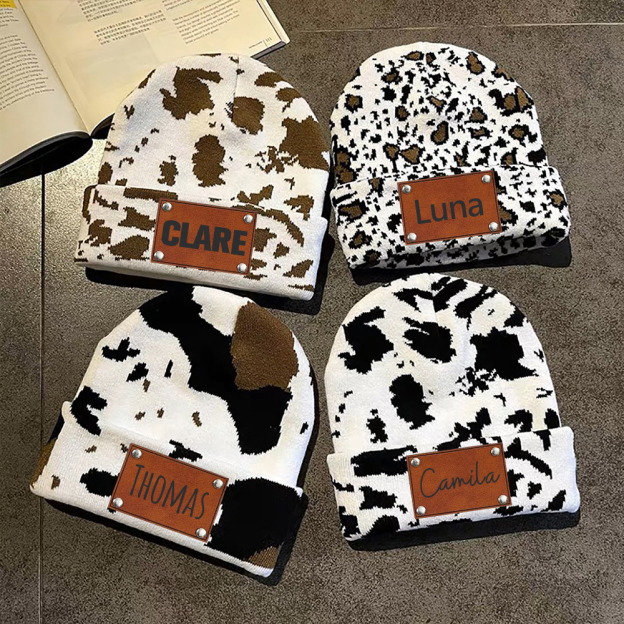 Personalized Leather Patch Cute Cow Warm Beanie | HSKid42