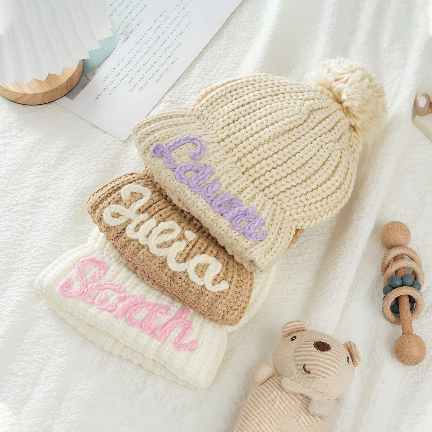 Personalized Hand Embroidery Pom Pom Beanie| HSKid44