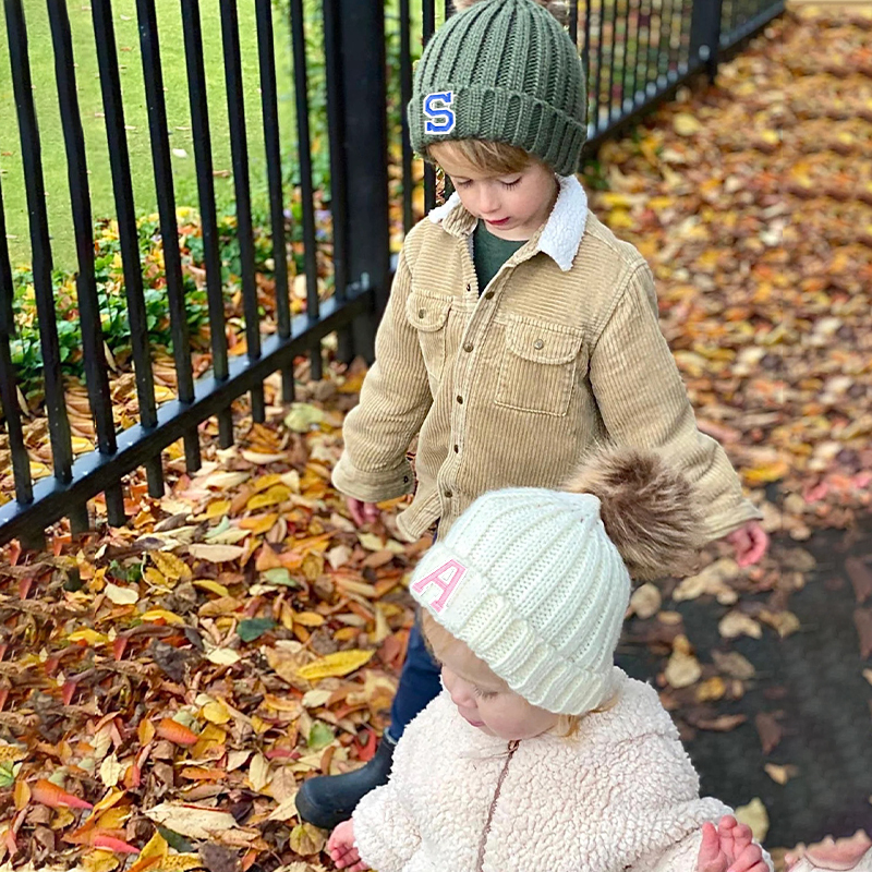 Personalized Initial Patch Pom Pom Beanie Hat | HSKid45