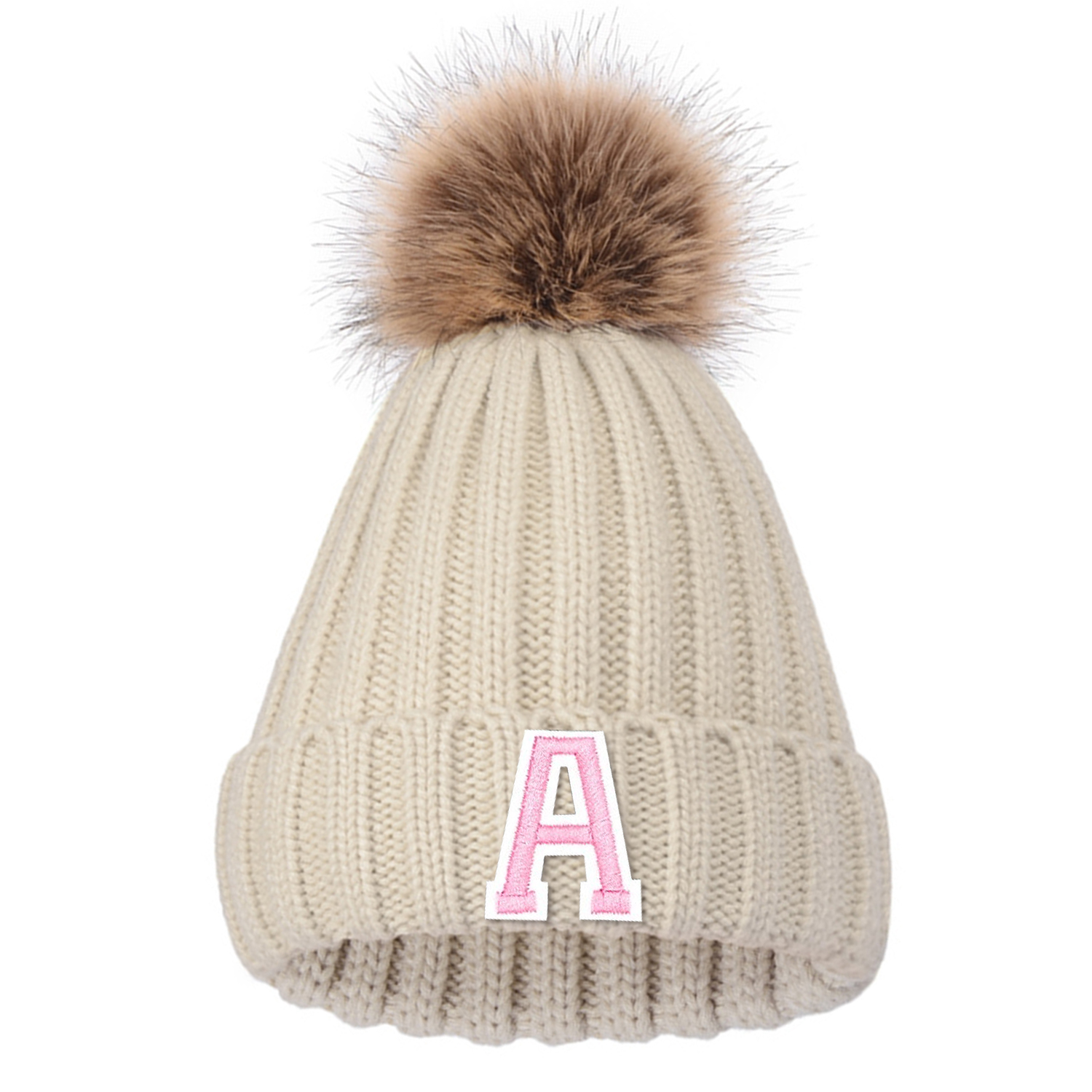 Personalized Initial Patch Pom Pom Beanie Hat | HSKid45