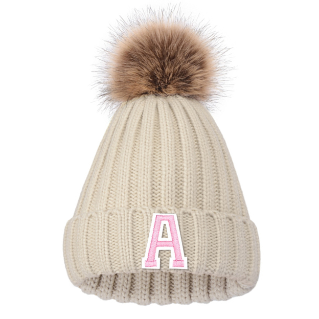 Personalized Initial Patch Pom Pom Beanie Hat | HSKid45