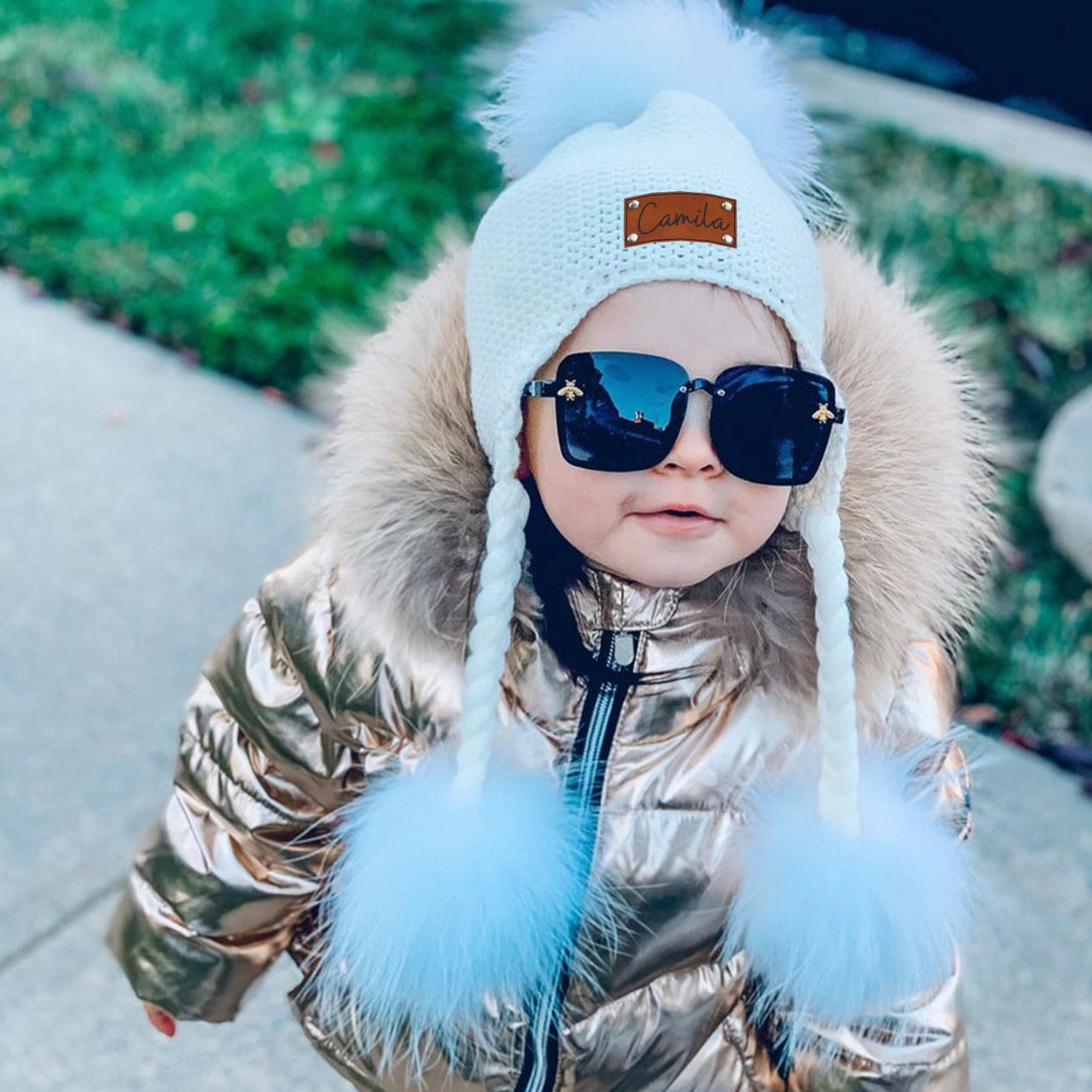 Personalized Leather Patch  Pom Pom Knit Hat With Tassels | HSKid46