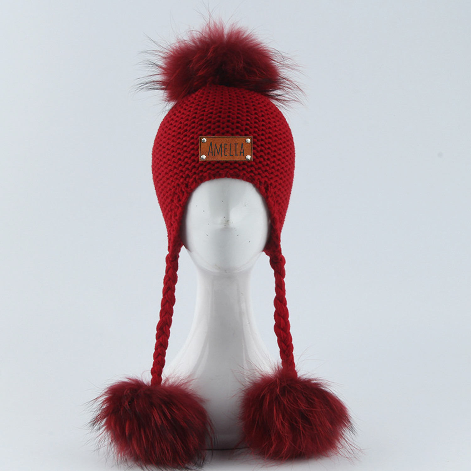 Personalized Leather Patch  Pom Pom Knit Hat With Tassels | HSKid46
