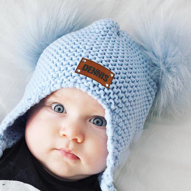Personalized Leather Patch Pom Pom Knit Hat With Tassels | HSKid47