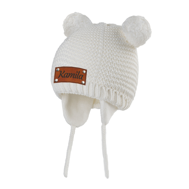 Personalized Leather Patch Pom Pom Knit Hat With Tassels | HSKid50