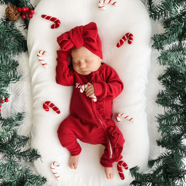 Personalized Baby Christmas Frill Zip Romper with Bow | CWBaby107