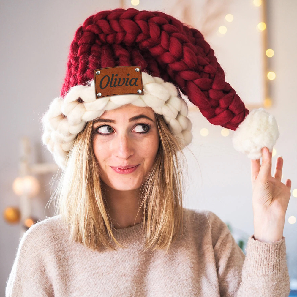 Personalized Leather Patch Chunky Knit Oversized Christmas Hat | MCGift97