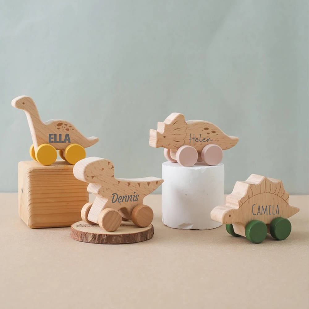 Personalized Natural Wooden Early Education Dinosaur Cars Toy Trolley | CWToy103