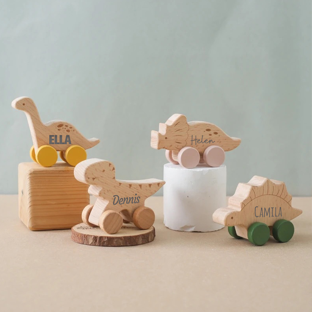 Personalized Natural Wooden Early Education Dinosaur Cars Toy Trolley | CWToy103
