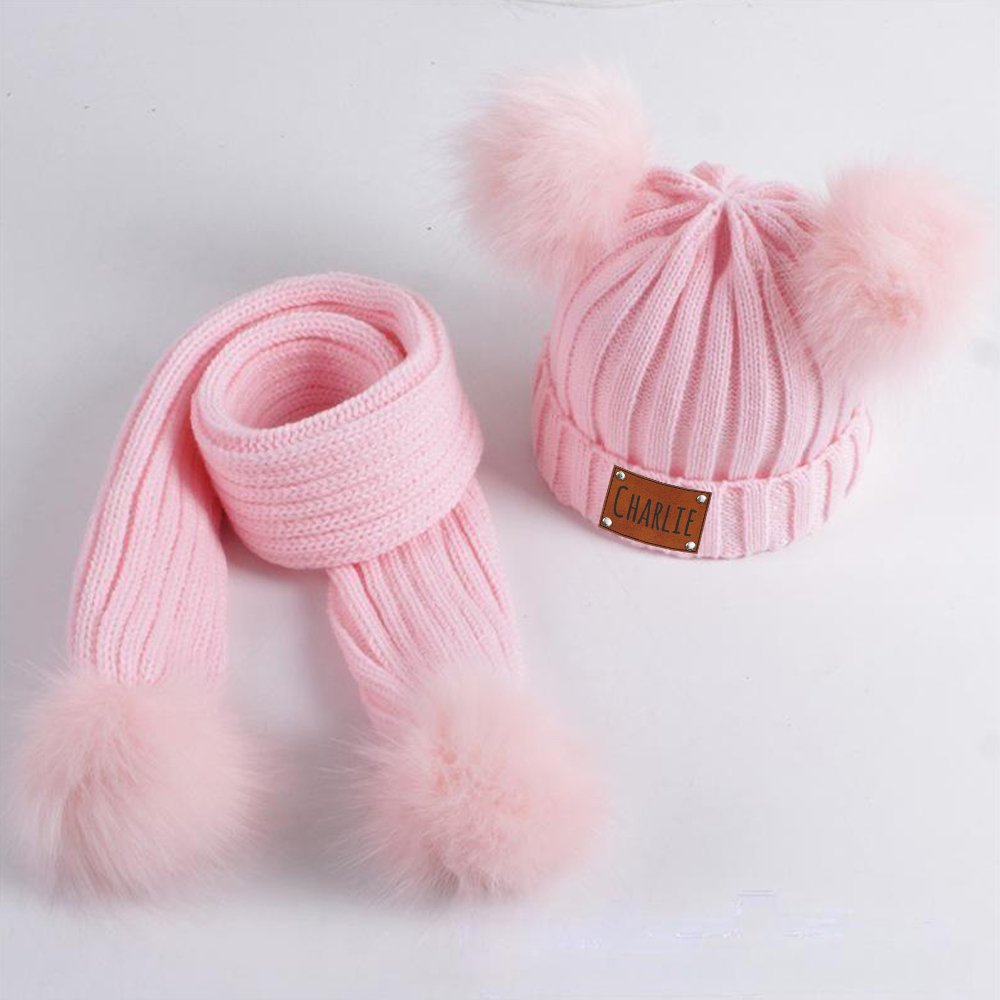 Personalized Leather Patch Kid Pom Pom Hat and Scarf | HSKid0101