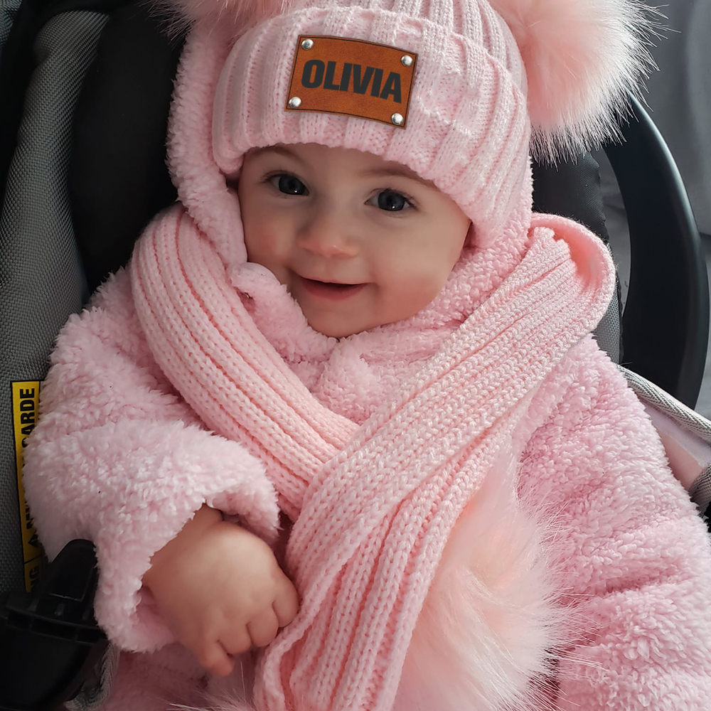 Personalized Leather Patch Kid Pom Pom Hat and Scarf | HSKid0101