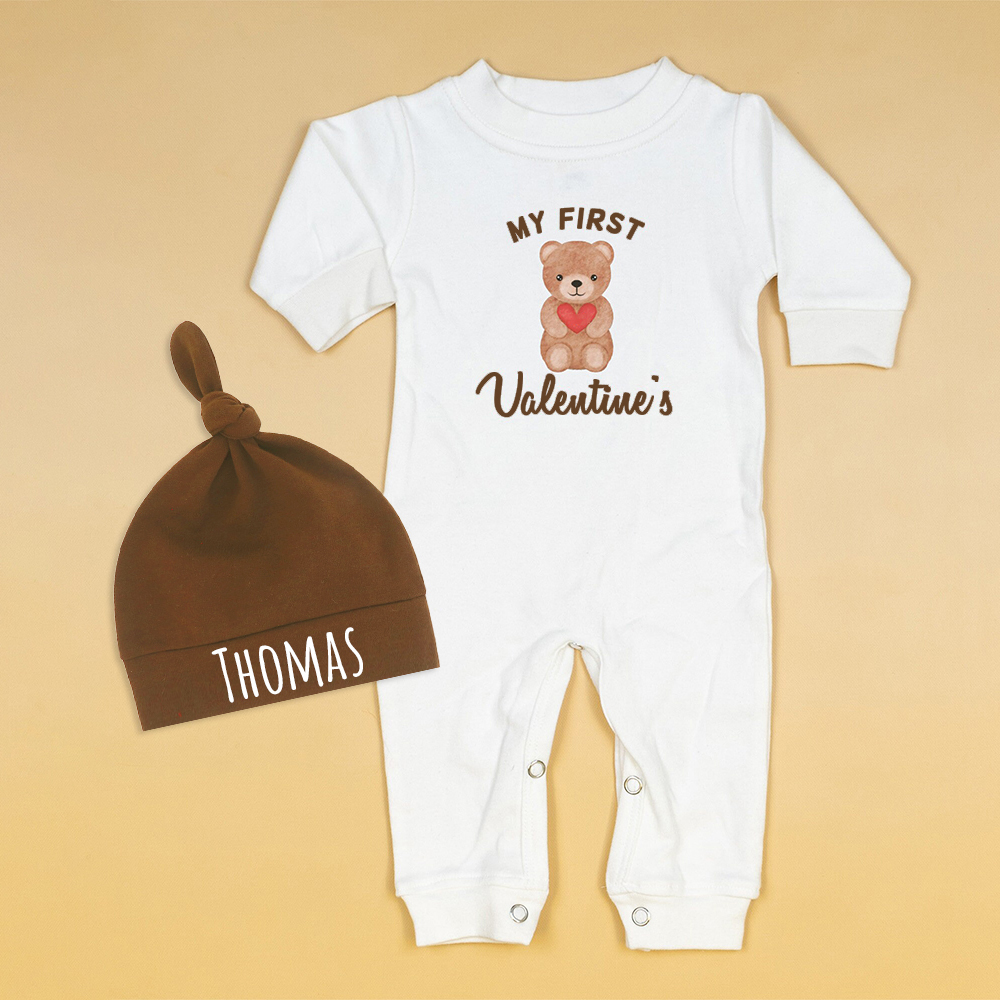 Personalized Baby First Valentine Ropmer and Hat Set | CWBaby127
