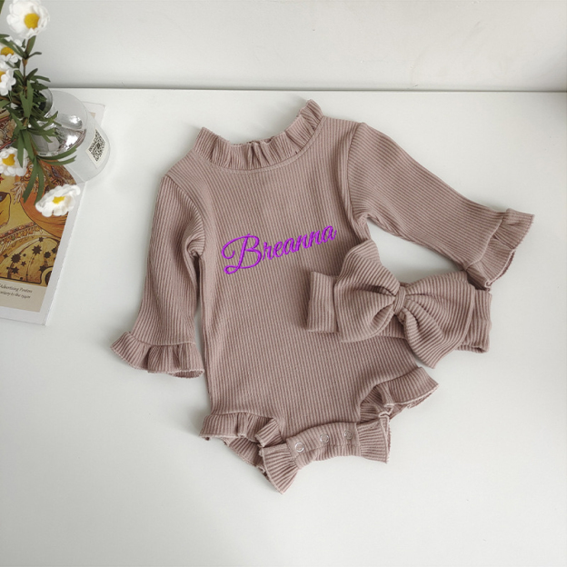 Personalized Embroider Ruffle Romper and Bow Set | CWBaby132