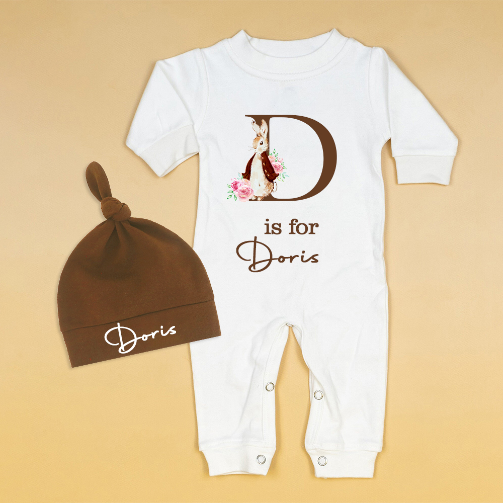 Personalized Baby Bunny Monogram Ropmer and Hat Set | CWBaby140