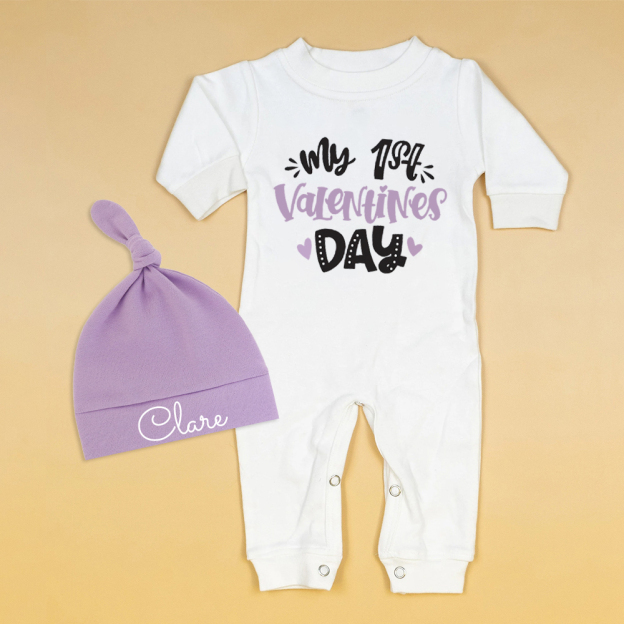 Personalized Baby First Valentine Ropmer and Hat Set | CWBaby145