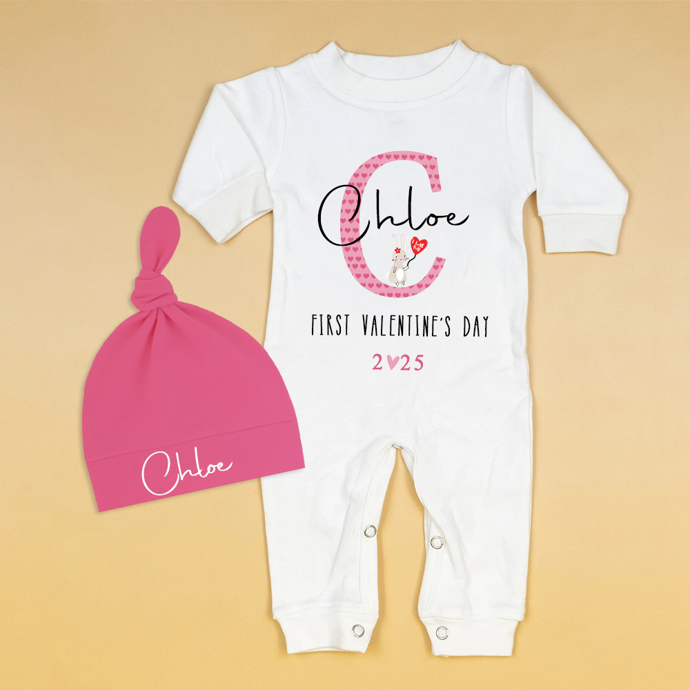 Personalized Baby First Valentine Ropmer and Hat Set | CWBaby147