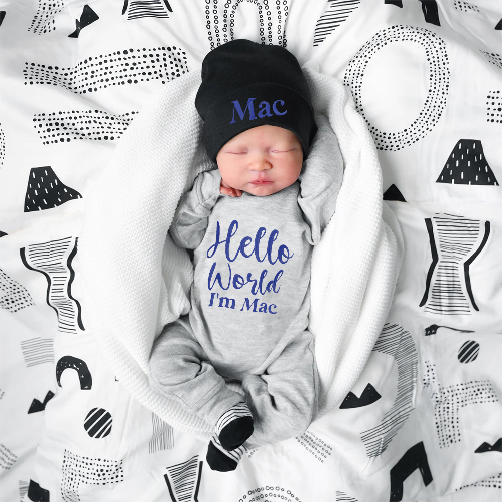 Personalized Embroidered Baby Hello World Romper and Hat Set | CWBaby166